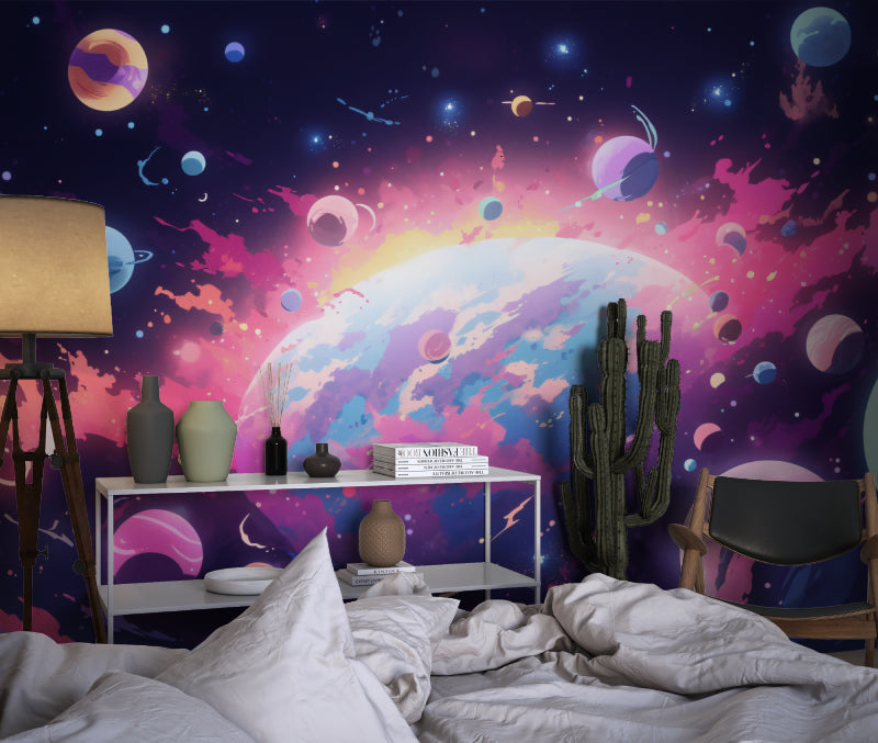 Cosmic wallpaper with planets in a teen gaming room, showing vibrant galaxy colors