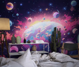 Cosmic wallpaper with planets in a teen gaming room, showing vibrant galaxy colors