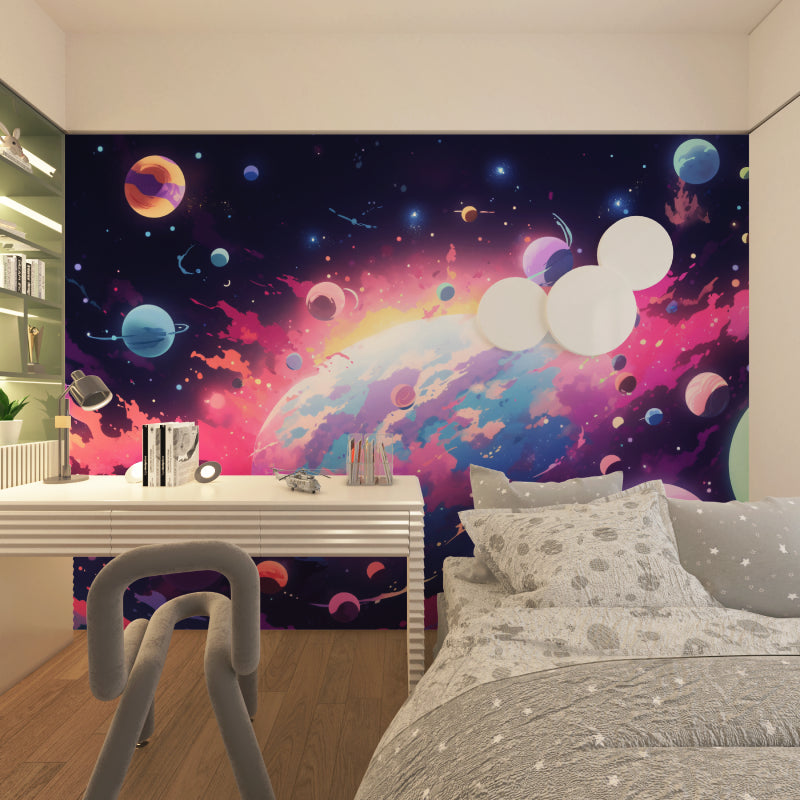 Space themed wall mural in a study room, featuring colorful nebula and planets