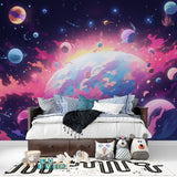 Nebula wallpaper creating depth in a modern home office space