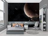 Home office featuring space themed wall mural with red planet and starry background