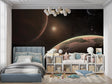 Space mural wallpaper transforming a modern bedroom into a cosmic observatory