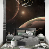 Home office space with galaxy wall mural creating professional atmosphere