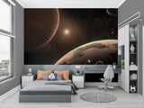 Teen bedroom with cosmic wall mural showing detailed planet designs