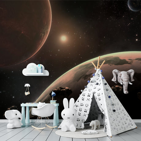 Space mural wallpaper creating a magical atmosphere in a modern kids bedroom with soft lighting