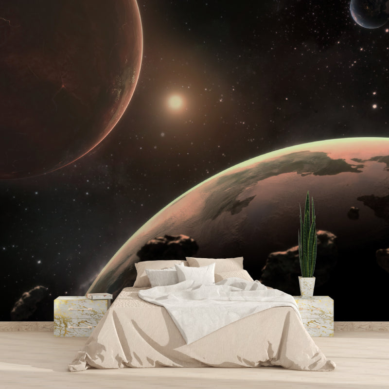 Cosmic planet wallpaper featured in a cozy reading nook with telescope
