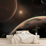 Cosmic planet wallpaper featured in a cozy reading nook with telescope