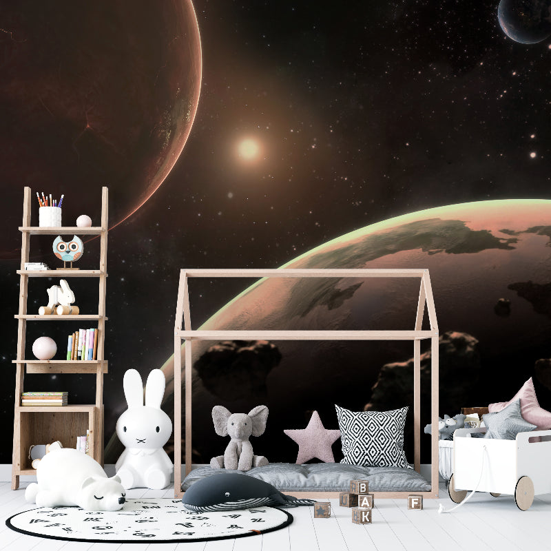 Universe wallpaper transforming a playroom into a space exploration zone