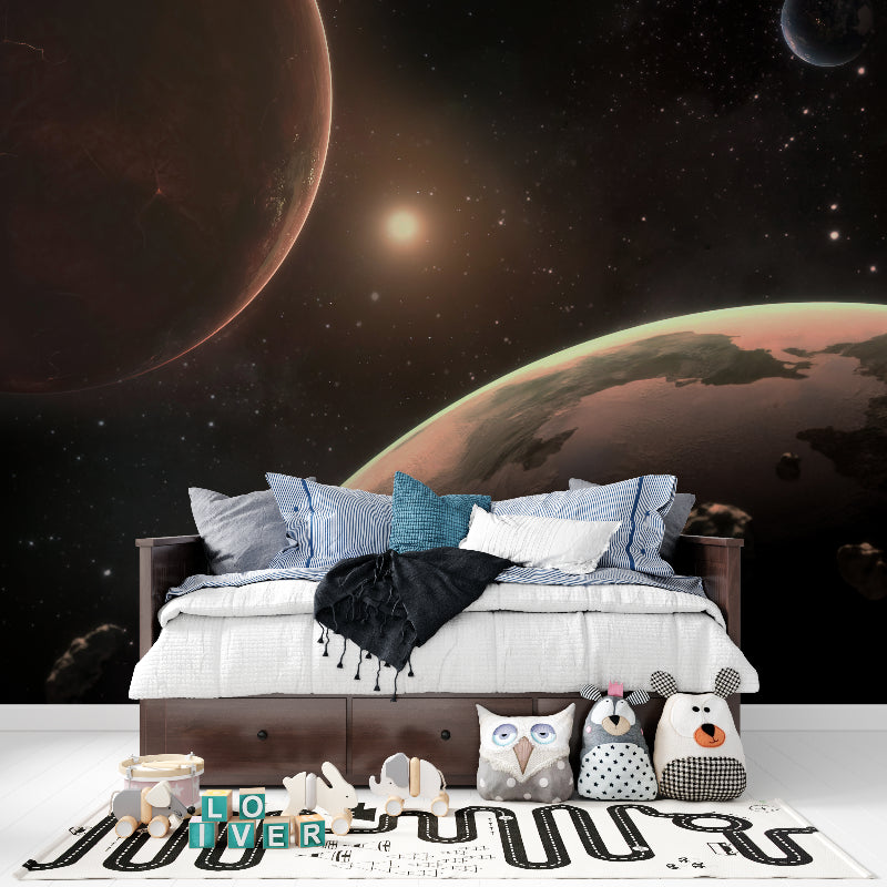 Space themed wall mural bringing cosmic wonder to a modern nursery
