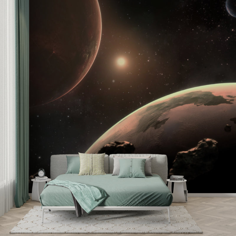 Planet wallpaper creating depth in a minimalist home office setup