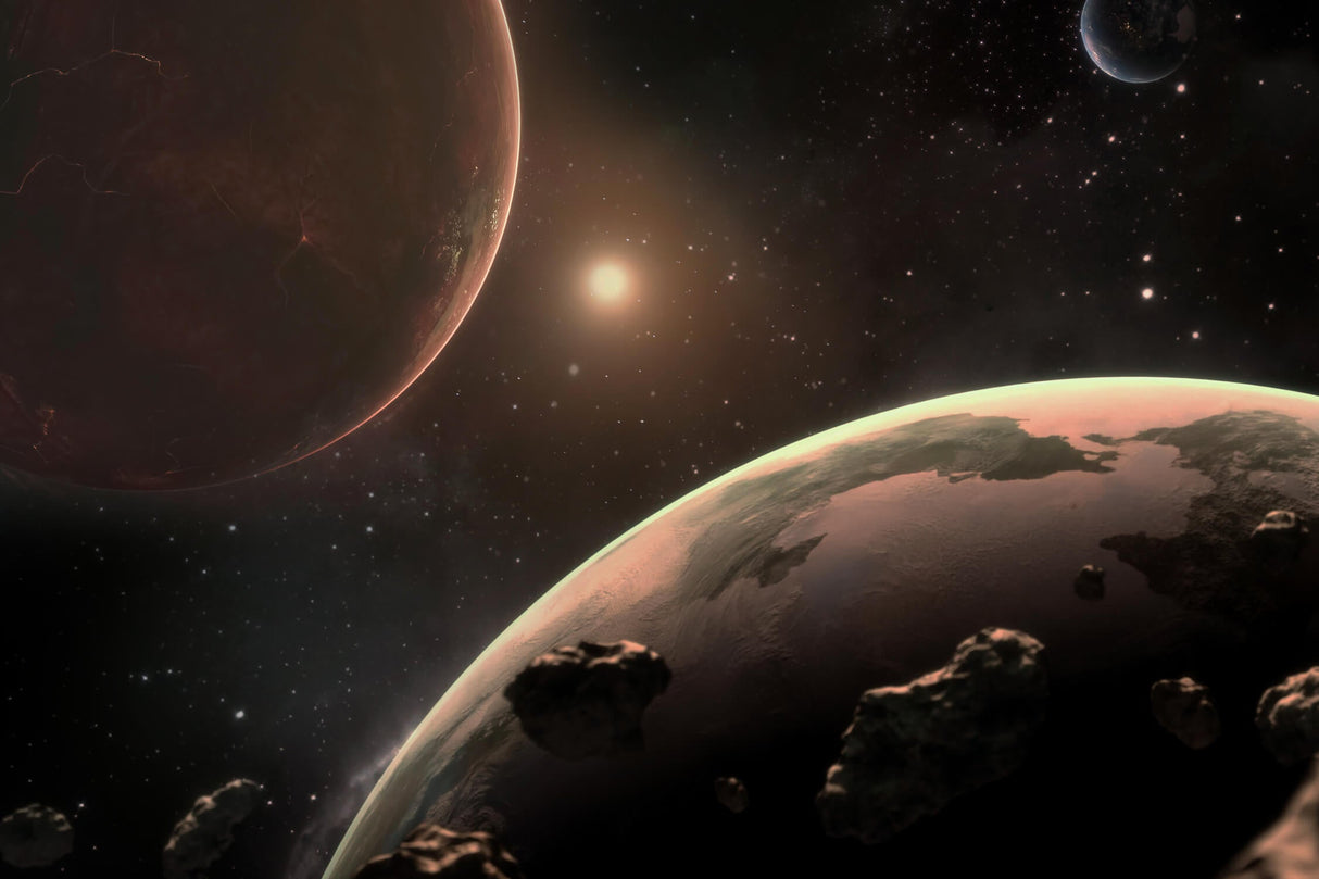 Design file showing detailed planets and stars pattern on deep space background