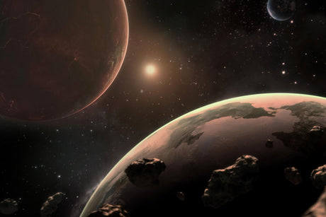 Design file showing detailed planets and stars pattern on deep space background