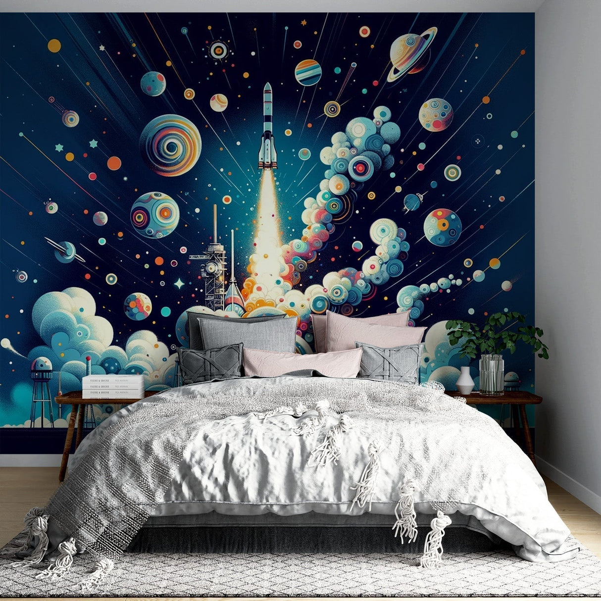 Space rocket wallpaper mural bringing cosmic adventure to a modern kids bedroom with blue and gold accents