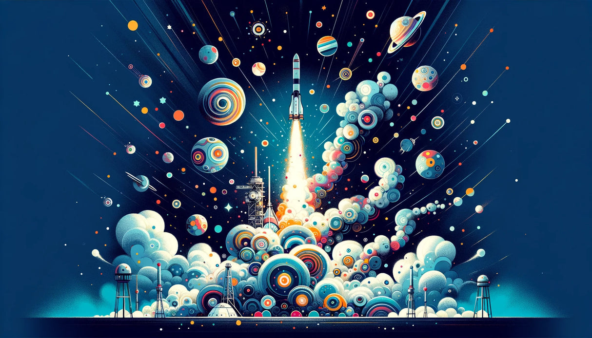 Space rocket launch design file with geometric patterns and vibrant cosmic colors