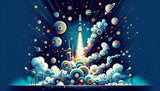 Space rocket launch design file with geometric patterns and vibrant cosmic colors