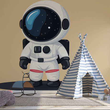 Space explorer wallpaper brings charm to a modern kids bedroom, featuring a friendly astronaut character