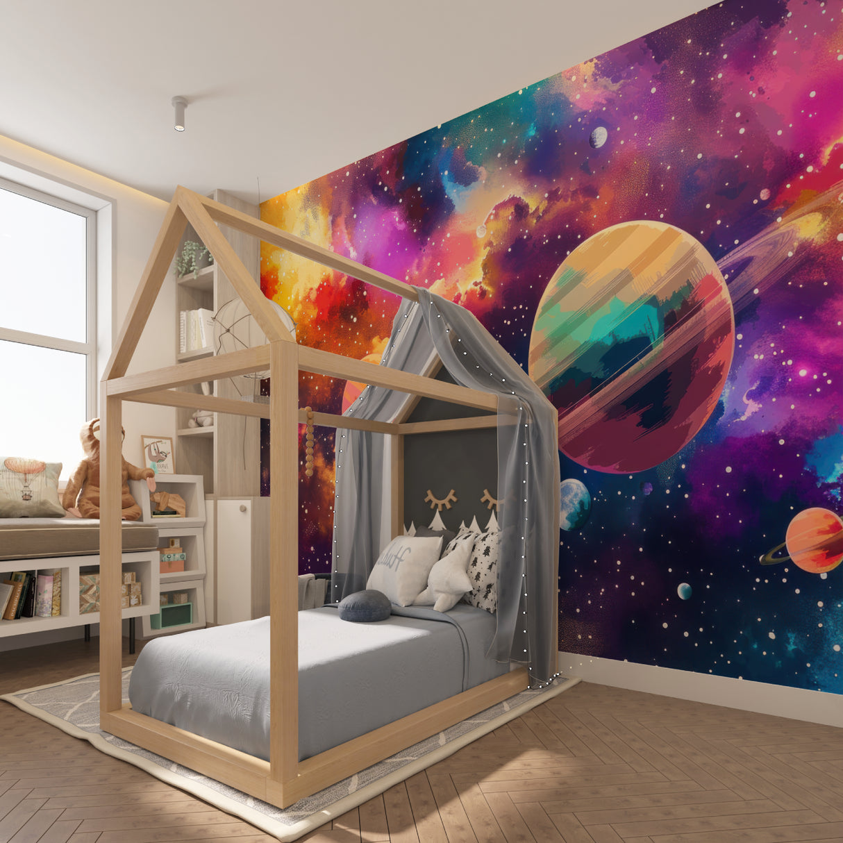 Space galaxy wallpaper in modern kids bedroom showing playful planets and stars