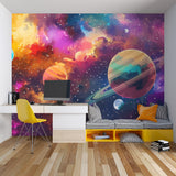 Cute planet wallpaper in cozy nursery with soft lighting
