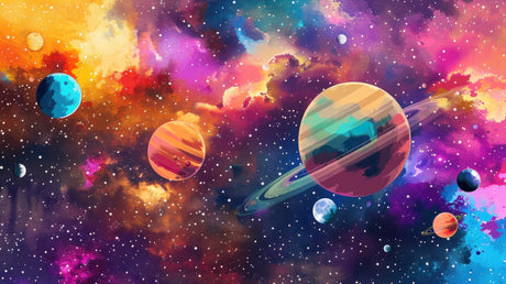 Space galaxy wallpaper design file showing full pattern of cute smiling planets and cosmic elements