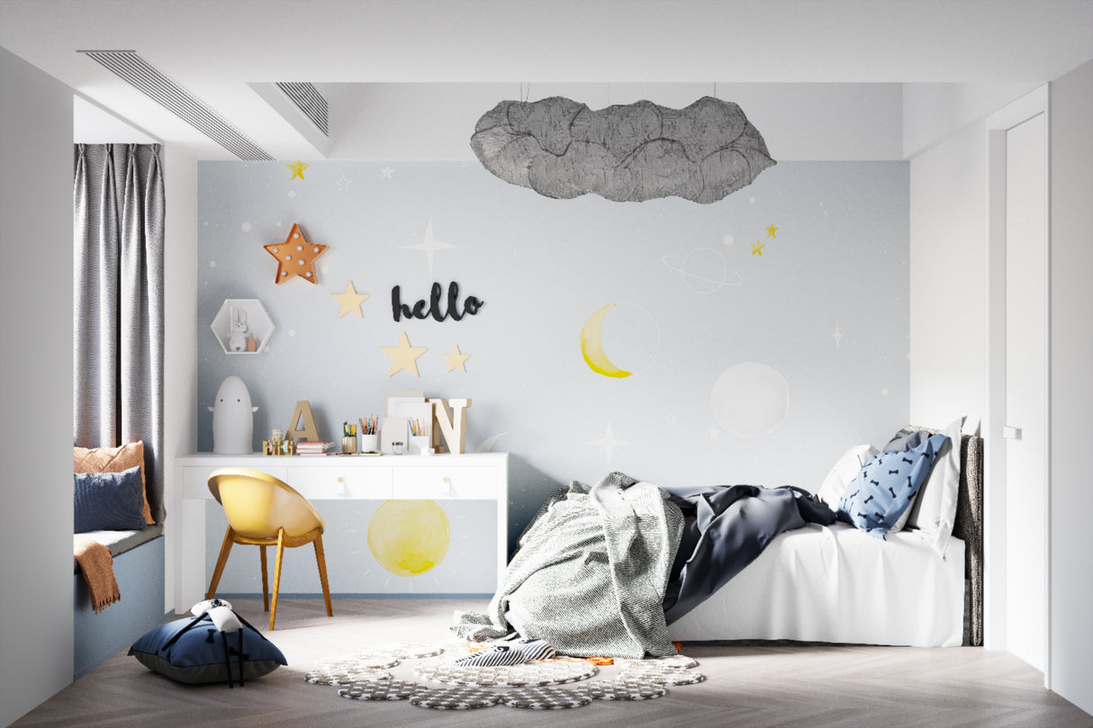 Night sky mural creating a calm atmosphere in a baby's nursery