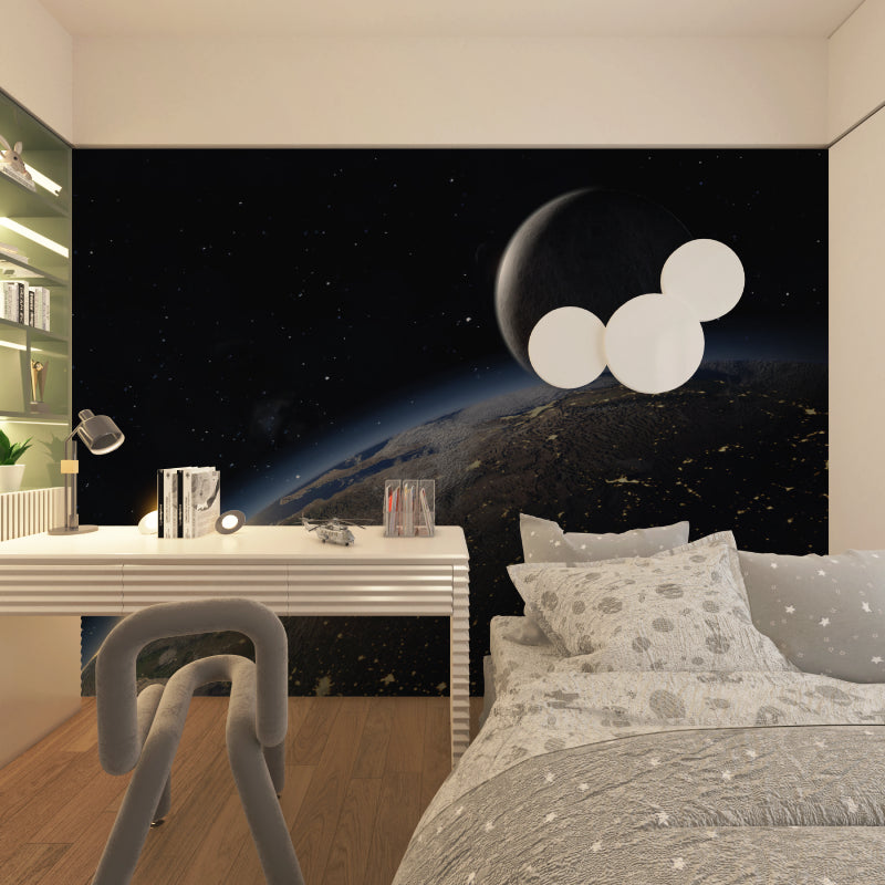 Space wallpaper creating cosmic atmosphere in modern living room with Earth and Moon view