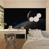 Space wallpaper creating cosmic atmosphere in modern living room with Earth and Moon view
