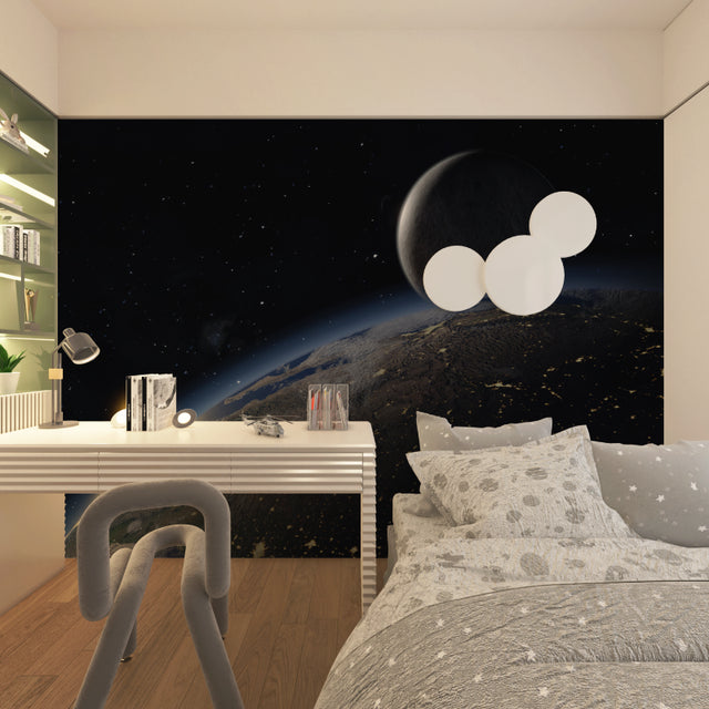 Space wallpaper creating cosmic atmosphere in modern living room with Earth and Moon view