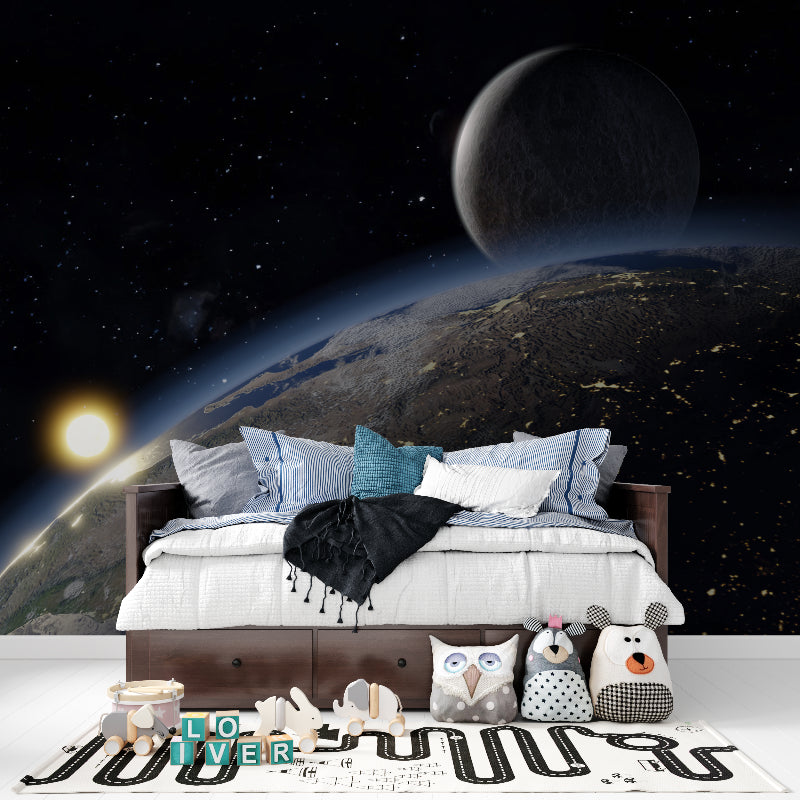 Earth and Moon space mural in kid's bedroom with starry ceiling
