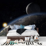 Earth and Moon space mural in kid's bedroom with starry ceiling