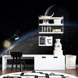 Cosmic space wallpaper transforming home office with Earth view