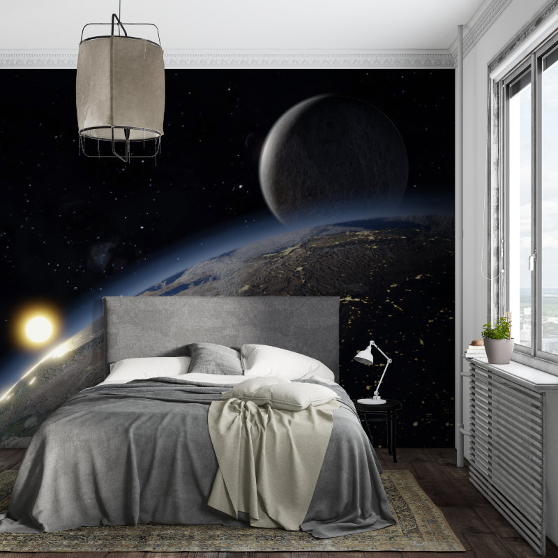 Space themed gaming room with Earth and Moon wallpaper mural