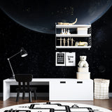 Earth view wallpaper creating depth in a home office space