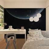 Galaxy wallpaper with Earth view making a statement in a gaming room