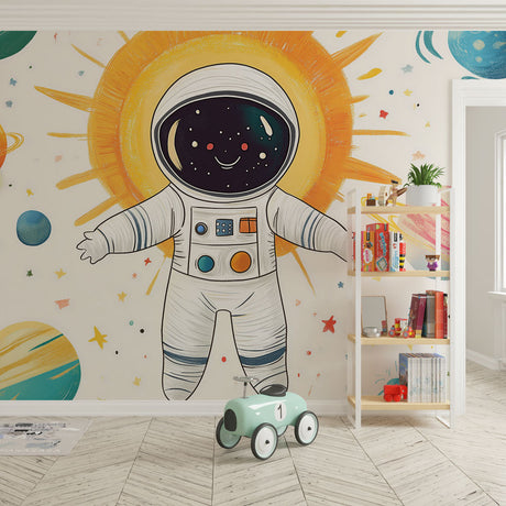 Space theme wallpaper with friendly astronaut shown in bright kids bedroom, creating a fun learning environment with planets and stars