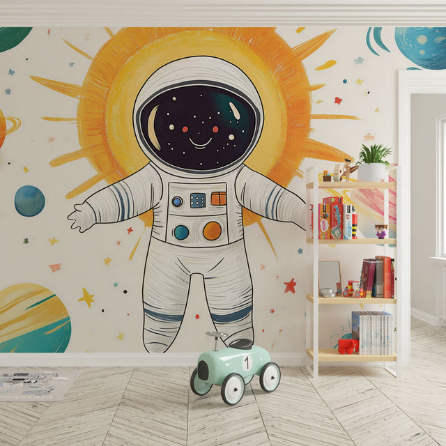 Space theme wallpaper with friendly astronaut shown in bright kids bedroom, creating a fun learning environment with planets and stars