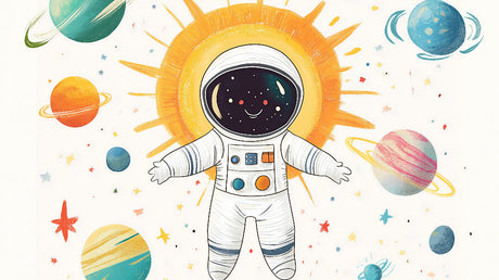 Space theme wallpaper design file showing happy astronaut floating among colorful planets and twinkling stars
