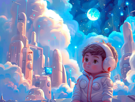 Design file of futuristic cityscape with dreamy astronaut floating above glowing buildings