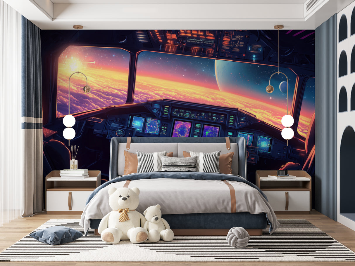 Space cockpit wallpaper creating a stunning feature wall in modern gaming room with LED accent lights
