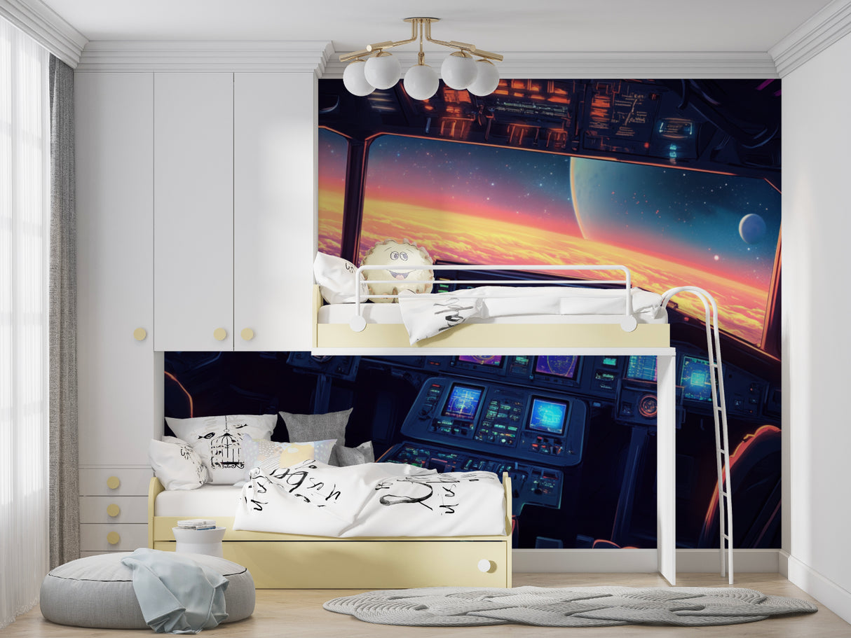 Futuristic spacecraft cockpit mural in kid's bedroom with space-themed decorations