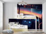 Futuristic spacecraft cockpit mural in kid's bedroom with space-themed decorations