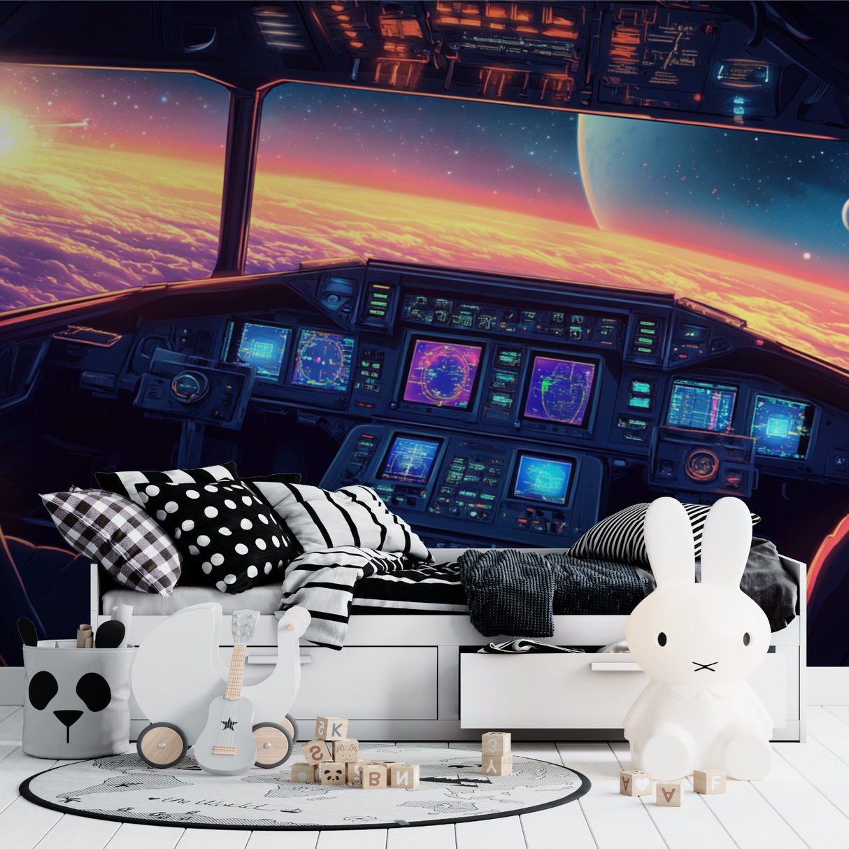Space station view wallpaper transforming home office into cosmic command center