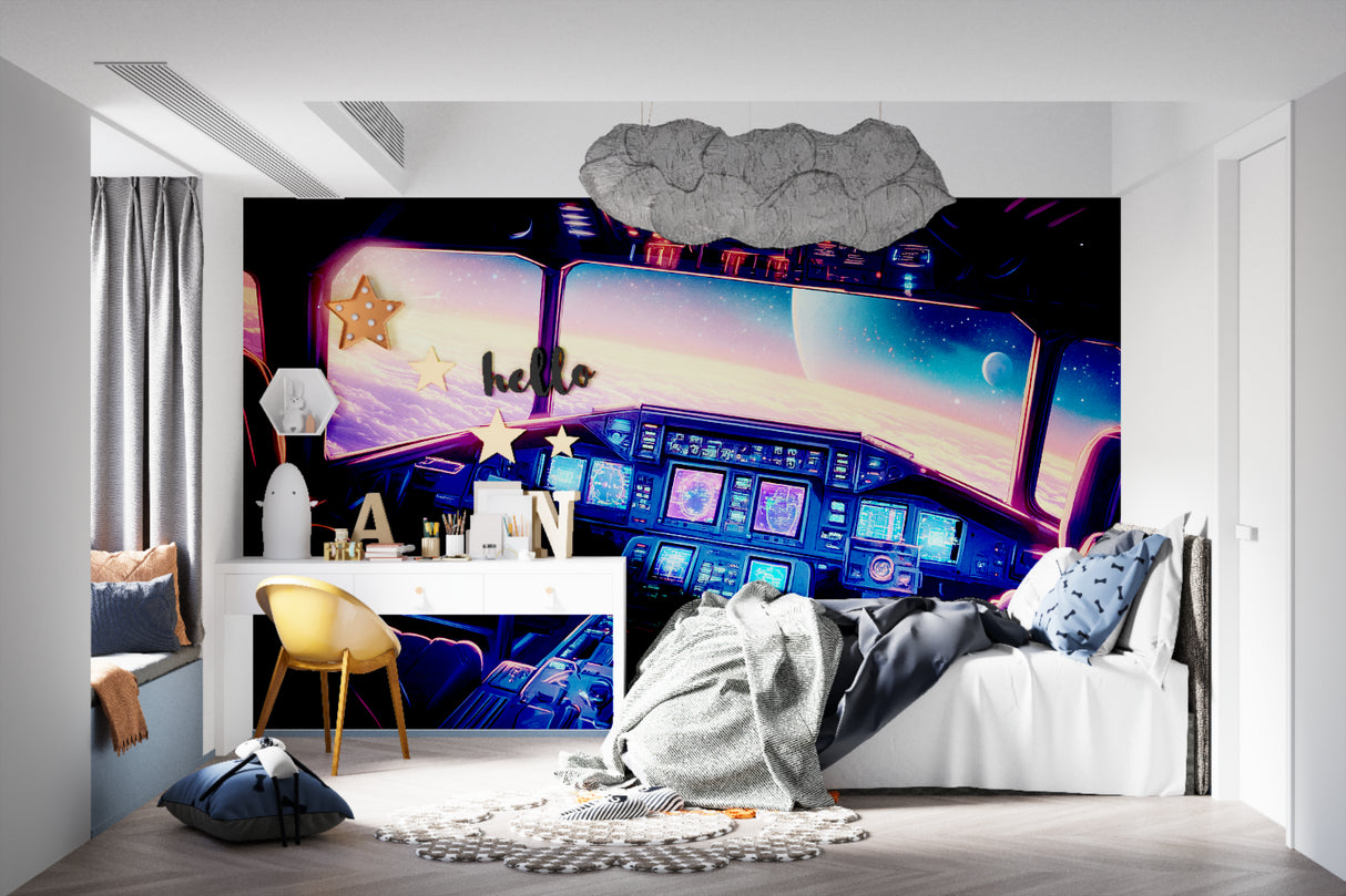 Galaxy cockpit mural bringing space adventure to teen bedroom setup