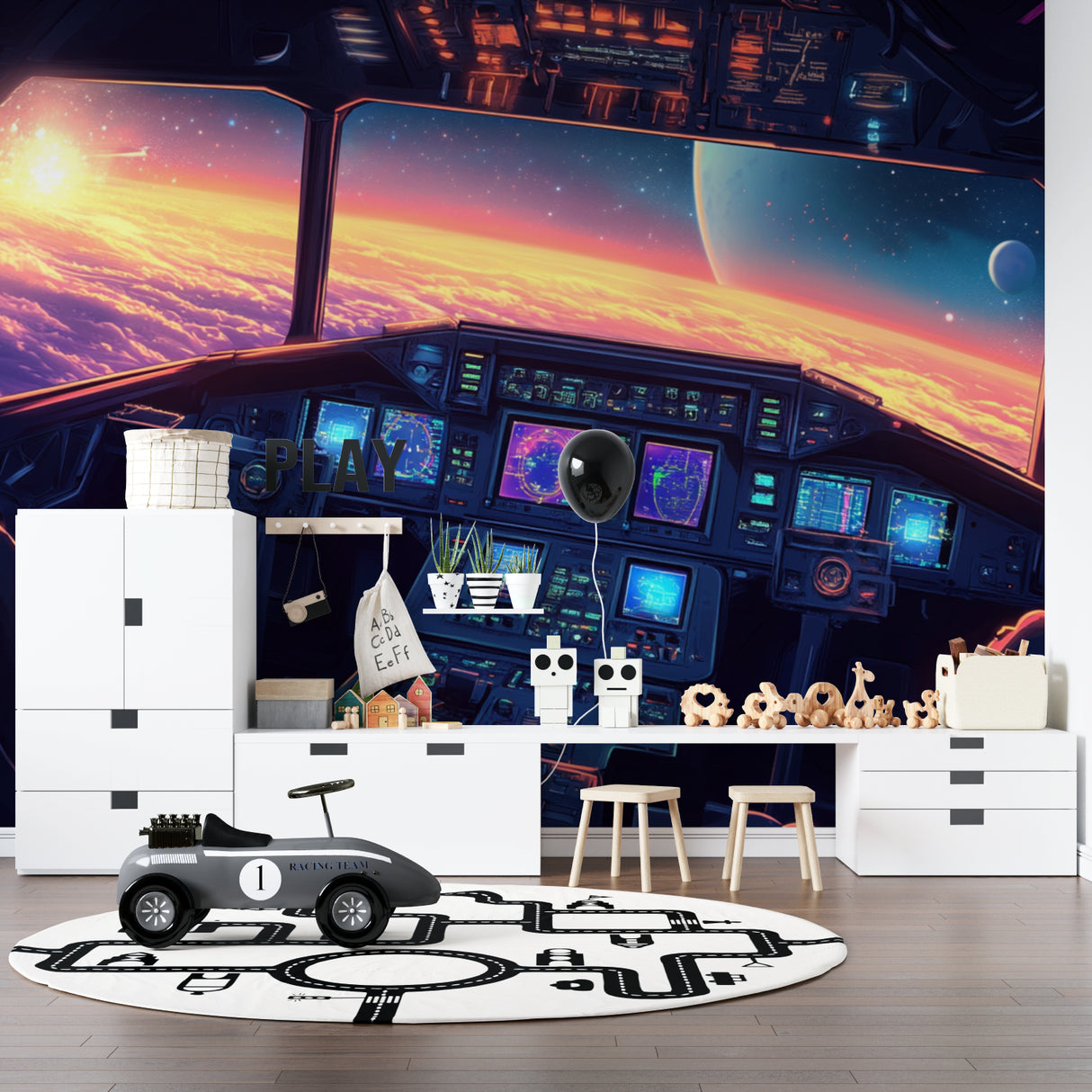 Spacecraft control panel wallpaper creating immersive playroom environment