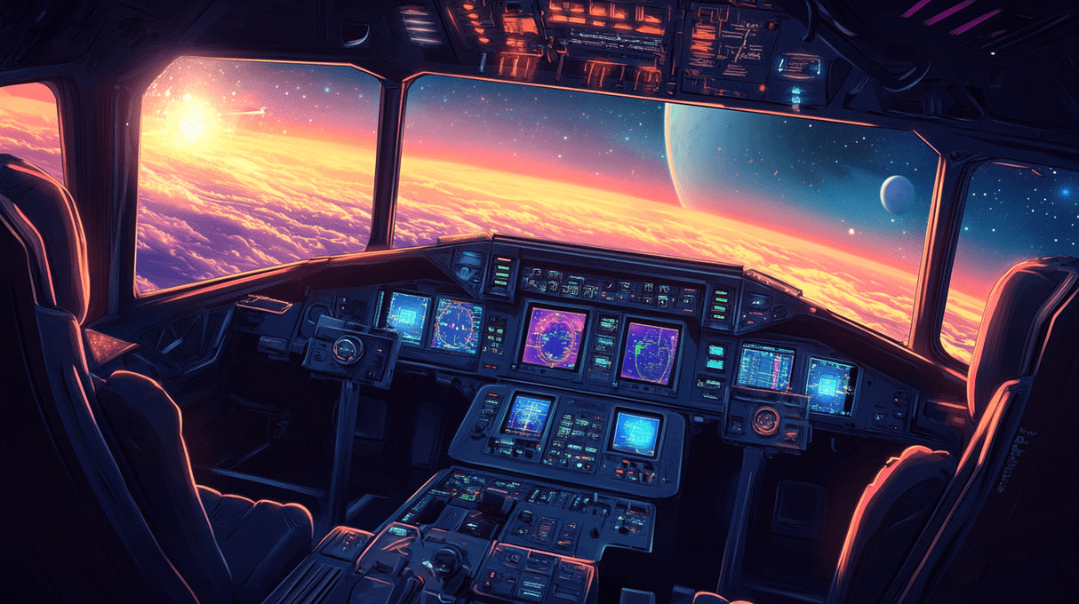 Space cockpit wallpaper design file showing detailed control panel and sunset galaxy view