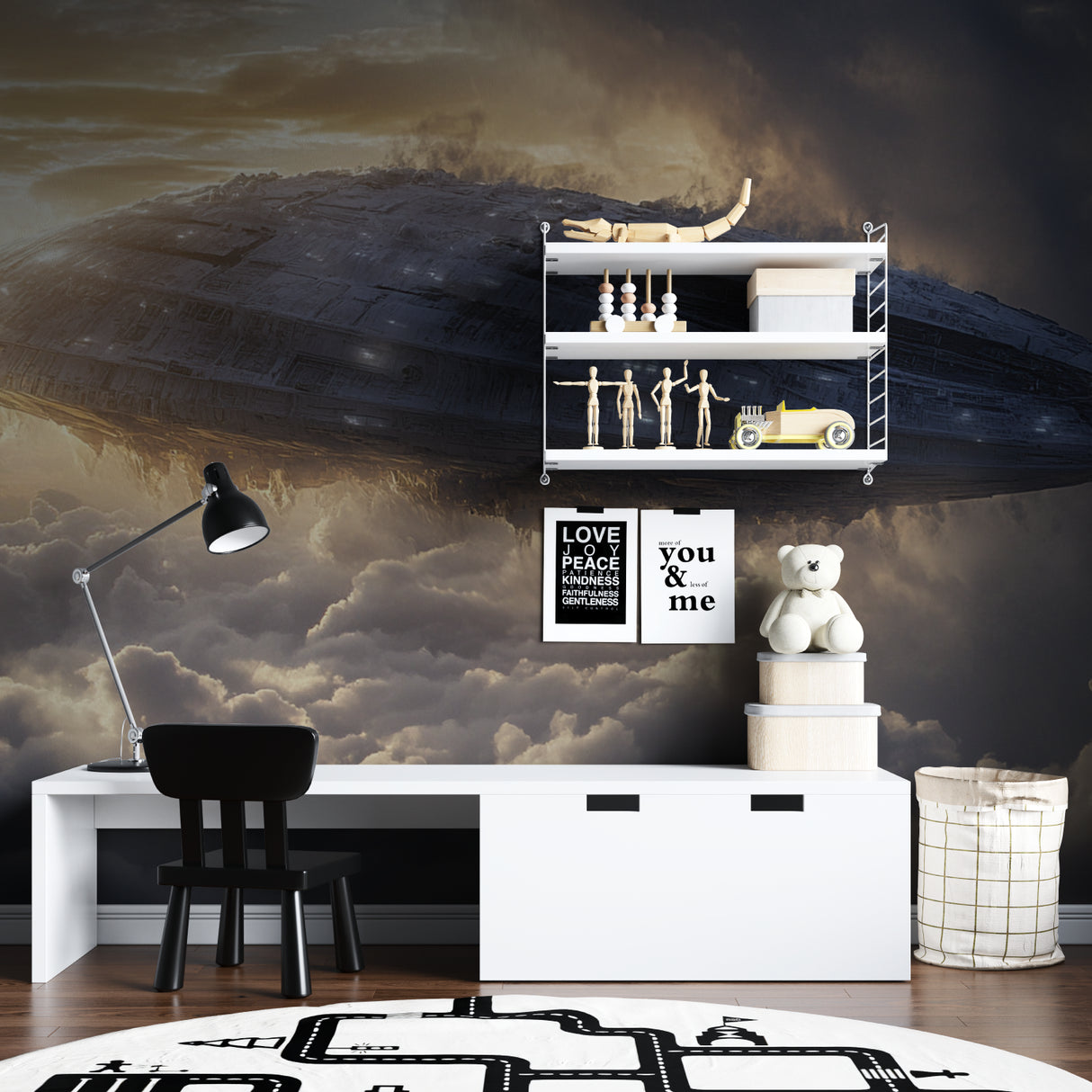 Space ship wallpaper in modern gaming room with LED lighting creating an immersive sci-fi atmosphere