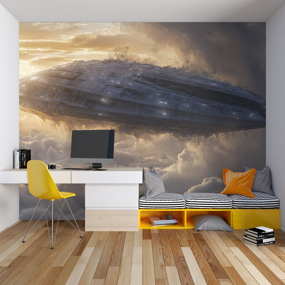 Spacecraft wall mural in teen bedroom showing golden clouds and dramatic lighting effects