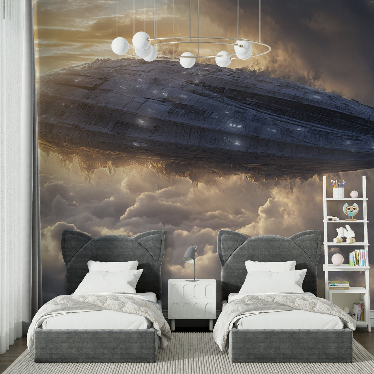 Space themed wallpaper in home office creating a professional yet imaginative environment
