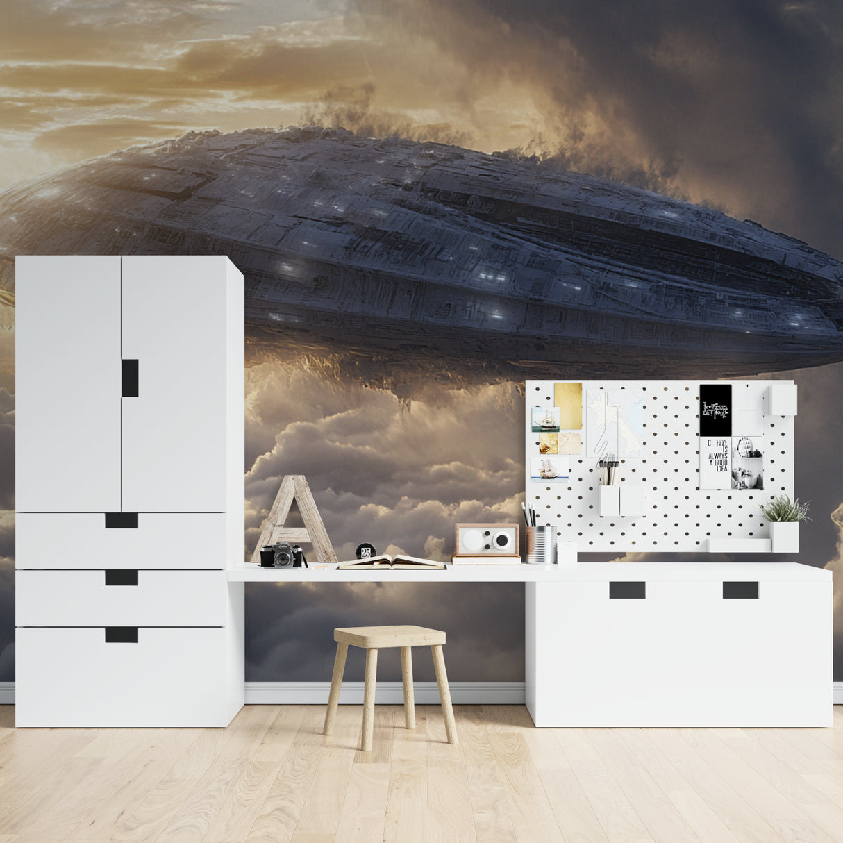 Futuristic spacecraft wallpaper in modern living room with minimalist furniture