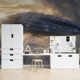 Futuristic spacecraft wallpaper in modern living room with minimalist furniture