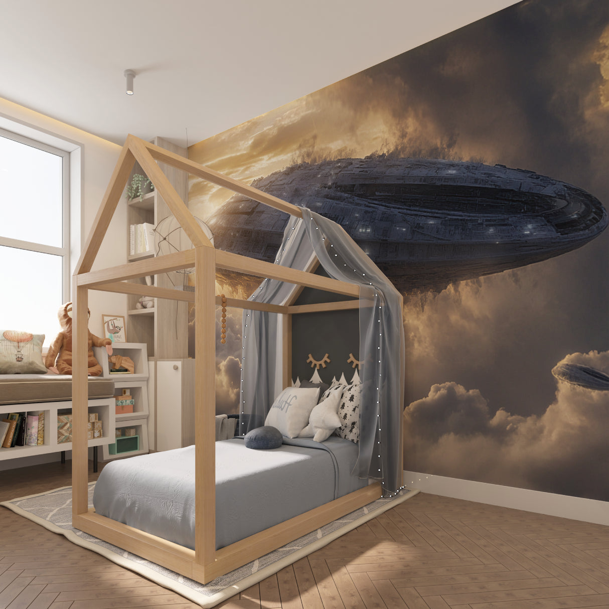 Space wall mural bringing cosmic adventure to a children's play area